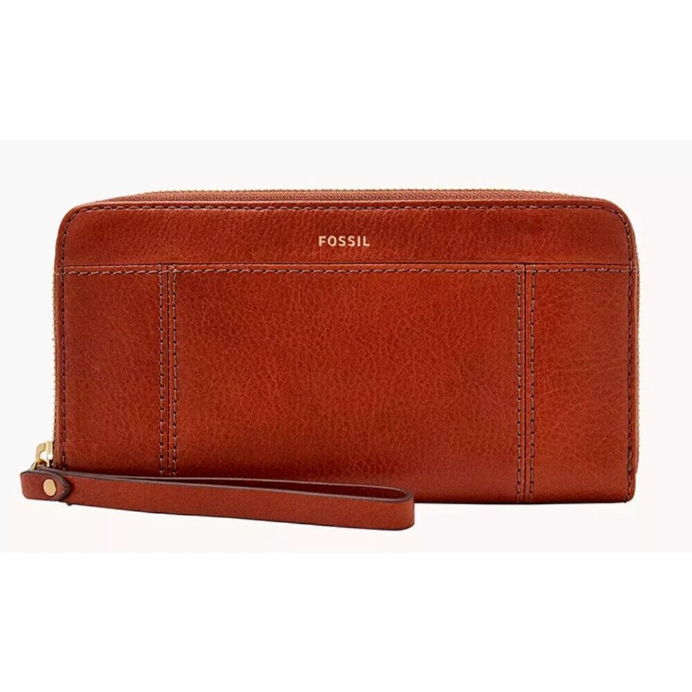 S Fossil Jori RFID Zip Clutch Brown Leather Wristlet SWL3008210 Purse NWT $100